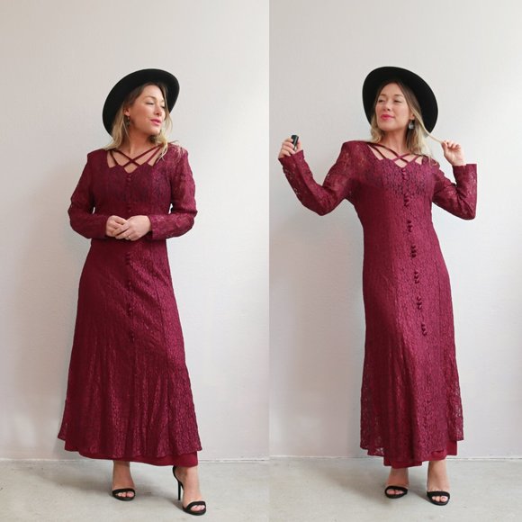 1980's Witchy Wine and Lace Dress // Women's Size Medium to Large // Sheer Lace - Picture 1 of 7